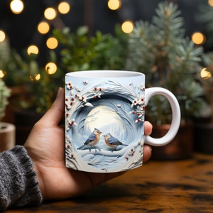 May include: White ceramic mug with a winter scene featuring two bluebirds perched on branches in a snowy forest. The scene is surrounded by a paper-cut design of white branches with red berries.