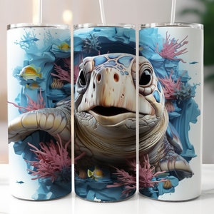 3D Captivating Sea Turtle in Coral Reef Cave Tumbler Wrap - Sublimation Design Cover 20oz & 30oz Tumblers, Instant Digital Download PNG