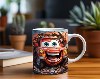 Cheerful 3D Cartoon Fire Car Bursting Through Hole in a Wall Mug Wrap Design, Sublimation Print PNG 11oz & 15oz Coffee Cups,Instant Download