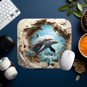 Musmatta Png Sublimeringsdesigner, 3D Glad Delfin som hoppar genom ett vägghål, Söt Gaming Musmatta för datorbord DIY, Digital Nedladdning