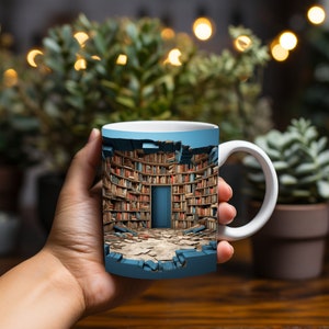 May include: White ceramic mug featuring a colourful image of a library with bookshelves and a blue door. The bookshelves are filled with books and the door is open. The image is printed on the mug and appears to be a 3D effect.