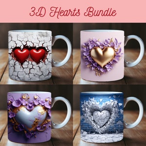3D Love Mug Wrap Bundle, 3D Heart Mug Sublimation, 11oz Mug Png, 11oz And 15 Oz Mug Png, 15oz Mug PNG, Heart Hole in a Wall Mug Bundle