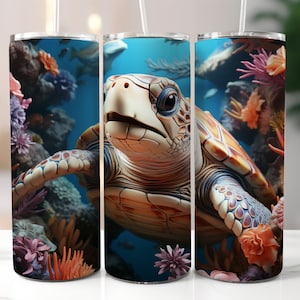 3D Captivating Babe Sea Turtle in Coral Reef Cave Tumbler Wrap - Sublimation Design Cover 20oz & 30oz Tumblers, Instant Digital Download PNG