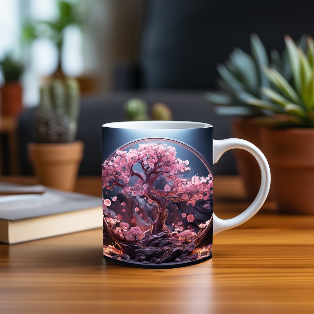 3D Pink Blossom Bonsai Elegance Mug Wrap, Flowers Floral Mug Wrap Print