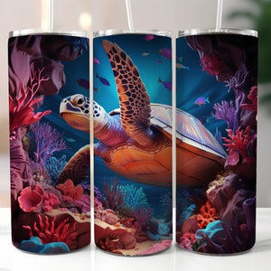 3D Sea Turtle Saying Hi in Coral Reef Cave Tumbler Wrap - Sublimation Design Cover 20oz & 30oz Tumblers, Instant Digital Download PNG