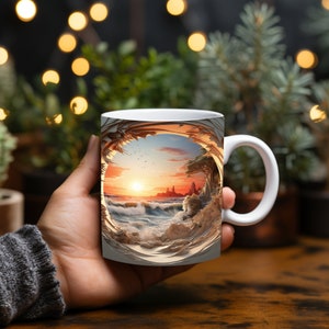 May include: White ceramic mug with a colorful image of a sunset over a beach scene. The image is framed by a circular opening in the mug, creating a 3D effect.