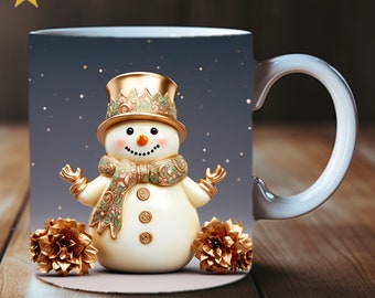 3D Gold Snowman Mug Wrap Sublimation Design PNG, Perfect Winter Gift, 11oz and 15oz Coffee Cup Template, Unique 3D Snowman Mug Press Design