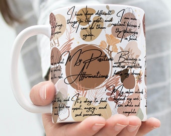 Mis afirmaciones positivas, amor propio, taza con diseño envolvente, 11 oz y 15 oz, sublimación, PNG de alta calidad, descarga instantánea.