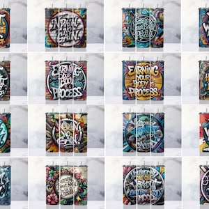 Puede incluir: Una colección de coloridos vasos de acero inoxidable de 590 ml con varias citas motivacionales al estilo graffiti. Los diseños incluyen frases como "El sudor es solo grasa llorando" y "Sin dolor no hay ganancia".