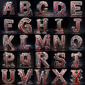 26 Alphabet, Mechanik Werkzeuge Buchstaben A bis Z, einzelne Buchstaben, Sublimation PNG, hochwertige PNG, Instant Download