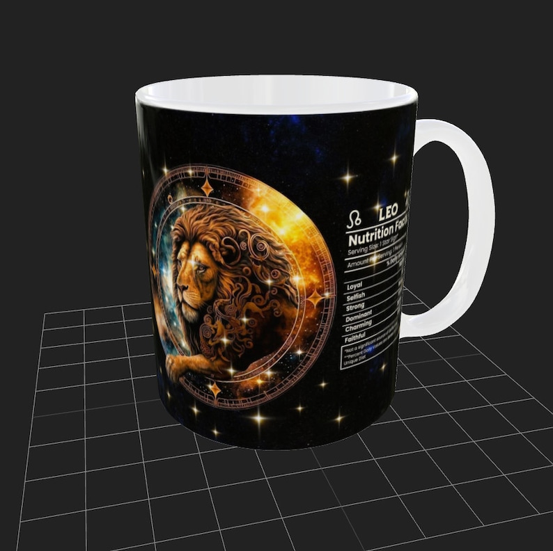 May include: A white ceramic mug with a black background and a gold and black illustration of a lion with the zodiac symbol for Leo and the text "Leo Nutrition Facts" with a list of traits.