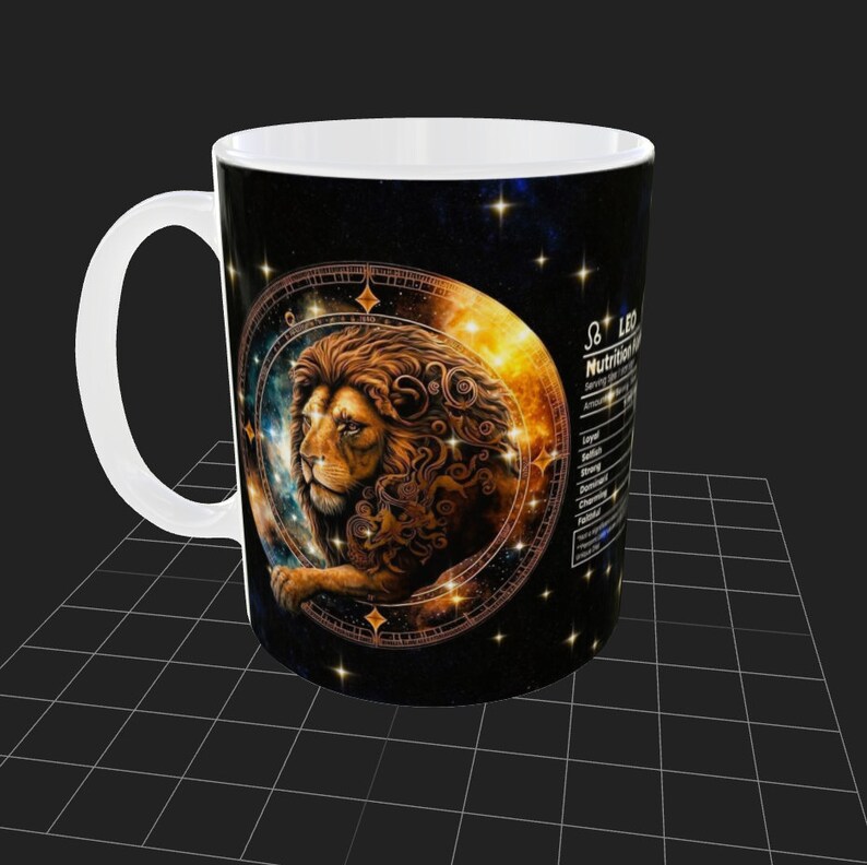 May include: White ceramic mug with a black background featuring a gold zodiac symbol for Leo, a lion, and a constellation of stars. The mug also includes a nutrition facts label for Leo.
