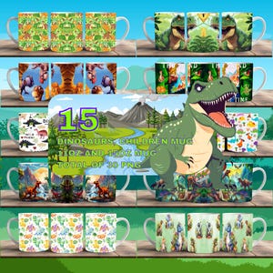15 Dinosaur Mug Wrap Around Digital Mug Design, 15oz & 11oz, Sublimation, Children&#39;s Mug, Dinosaur Pet, Cute Dino, Baby Dino, Wild Dino Mug