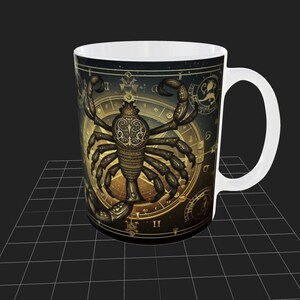 May include: White ceramic mug with a black and gold design featuring a stylized scorpion with intricate details. The scorpion is surrounded by a circular design with Roman numerals and other symbols.
