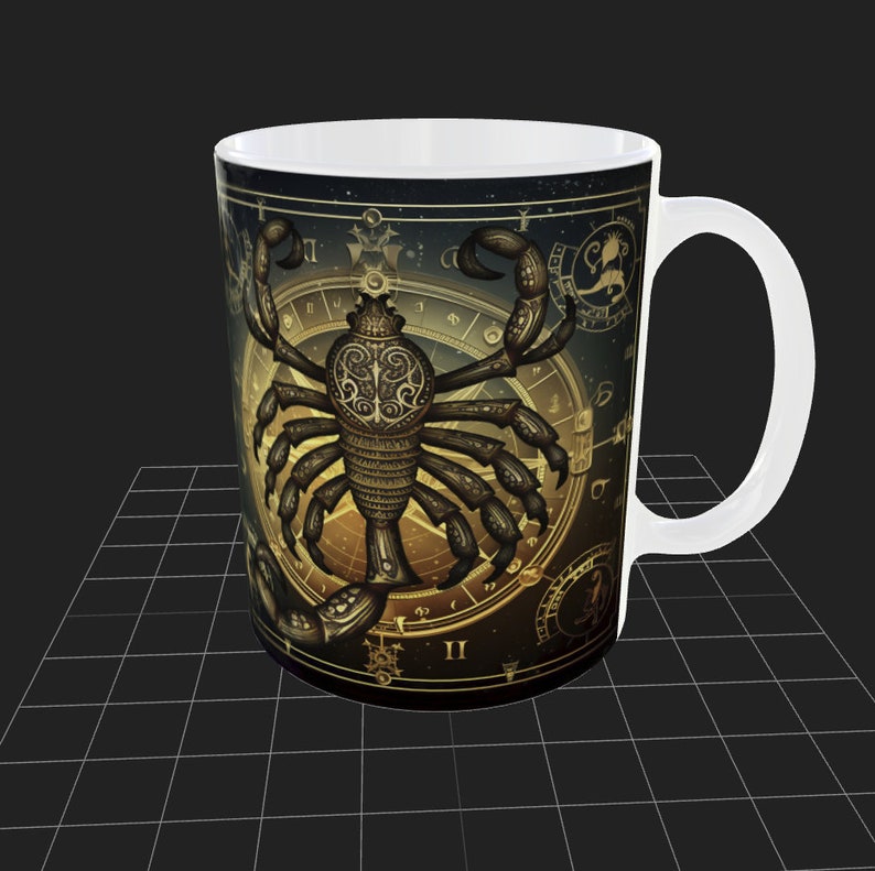 May include: White ceramic mug with a black and gold design featuring a stylized scorpion with intricate details. The scorpion is surrounded by a circular design with Roman numerals and other symbols.