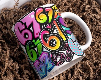 Número Seis Siete, 67 Diseños Estéticos Envolventes Digitales para Tazas, 11oz y 15oz Sublimación, Estilos Neón y Graffiti para Manualidades y Sublimación