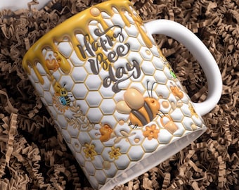 Taza Happy Bee Day, Bee Happy Cup Wrap Around Mug Design 11oz & 15oz, Sublimación, PNG de alta calidad, Descarga instantánea