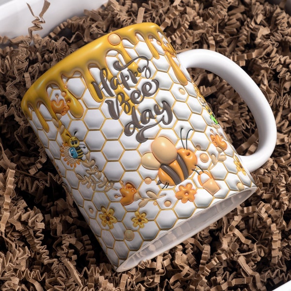 Happy Bee Day Mug, Bee Happy Cup Wrap Around Mug Design 11oz & 15oz, Sublimation, High-Quality PNG, Instant Download