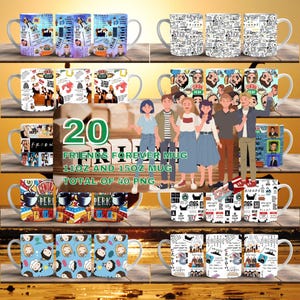 May include: Twenty different designs for 11oz and 15oz mugs featuring the popular TV show Friends. The designs include characters, logos, and quotes from the show. There are a total of 40 PNG files.