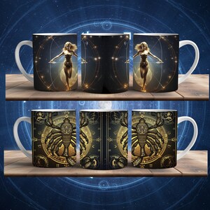 May include: Set of four white ceramic mugs with zodiac-themed designs. Two mugs feature a woman with wings and a bow and arrow, surrounded by stars and celestial symbols. The other two mugs feature a detailed illustration of a scorpion with gears and clockwork elements.
