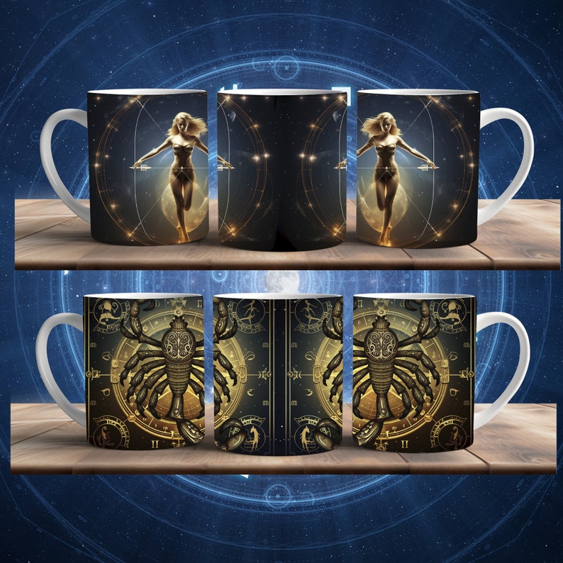 May include: Set of four white ceramic mugs with zodiac-themed designs. Two mugs feature a woman with wings and a bow and arrow, surrounded by stars and celestial symbols. The other two mugs feature a detailed illustration of a scorpion with gears and clockwork elements.