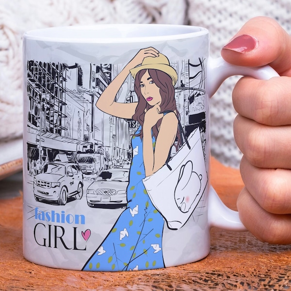 Fashion Girl Mug, Girl Mug, Fashion Mug Wrap Around Mug Template 11oz & 15oz, Sublimation, High-Quality PNG, Instant Digital Download