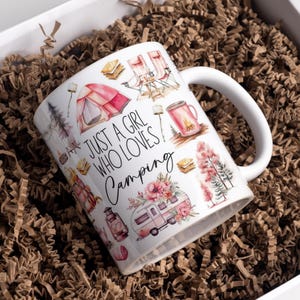 Nur ein Mädchen, das Camping Tasse liebt, Wrap-Around-Digital-Becher-Design, Sublimation 11 Unzen 15 Unzen, Abenteuer, Mädchen Camping, Wandern, Reisebecher