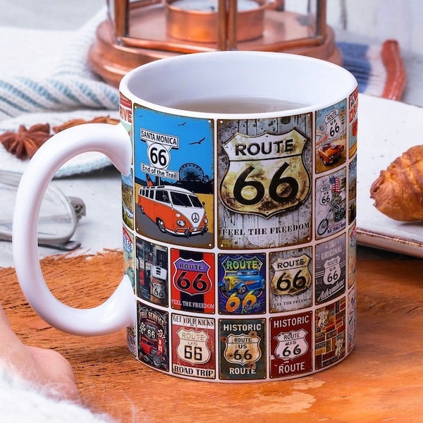 Vintage Route 66 Tellerschilder Wrap Around Mug Design 11oz & 15oz, Sublimation, hochwertiges PNG, Sofortiger Download