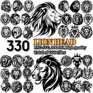 Löwenkopf 330 PNG SVG Bundle, Wildlöwe Tattoo-Designs, König der Bestie, Majestätischer Löwe Vektor, Cricut & Silhouette Cut Files