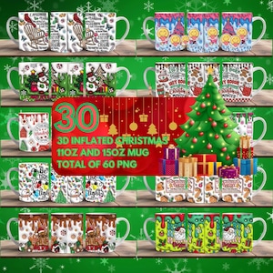 30 diseños de tazas digitales envolventes con vasos inflables 3D navideños, sublimación PNG, envoltorios para tazas de Feliz Navidad, tazas de 11 oz y 15 oz, regalo para ella