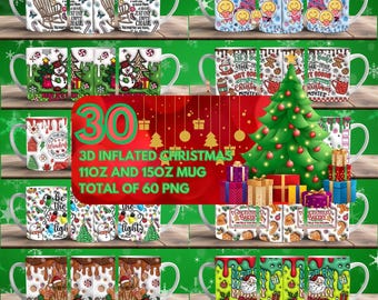 30 Christmas 3D Inflated Cup Wrap Around Digital Mug Designs, Sublimation PNG, Merry Christmas Mug Wraps, 11oz & 15 oz Mug, Gift for her