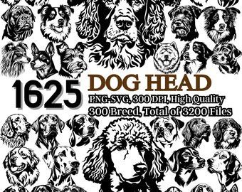Hundeköpfe 1625 PNG SVG-Bundle-Datei, 300 Rassen Sammlung, Hund Clipart für Cricut, Silhouette Grafiken, Laserschnitt, Png SVG Vektor, 300dpi