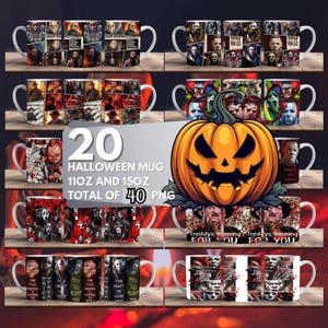 20 Halloween Horror Mug Wrap Around Digital Mug Design, 11oz & 15oz, Sublimation PNG, High-Quality, Killer Halloween Cup, Scary Halloween