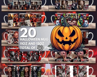 20 Halloween Horror Becher Wrap Rund Digitales Becher Design, 11 Unzen 15 Unzen, Sublimation PNG, hohe Qualität, Killer Halloween Cup, Scary Halloween