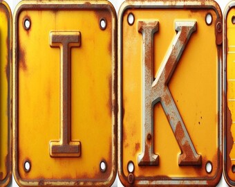 26 Yellow Rusty Letters Alphabet, Metal Plate, Rusted Plate