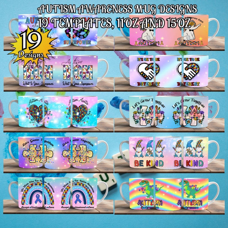Puede incluir: 19 dise&ntilde;os para tazas de concienciaci&oacute;n sobre el autismo. Las tazas son de 11 oz y 15 oz y presentan una variedad de dise&ntilde;os que incluyen arco&iacute;ris, piezas de rompecabezas, gnomos, dinosaurios y texto que dice "El autismo es una superpotencia".
