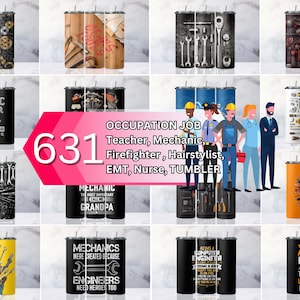 Puede incluir: Un conjunto de 12 diseños diferentes para vasos de 20 oz. Los diseños presentan diversas ocupaciones, como maestro, mecánico, bombero, estilista, técnico de emergencias médicas y enfermero. Cada diseño incluye herramientas y otras imágenes relacionadas con la ocupación. El texto "Occupation Job" se muestra en el centro de la imagen.