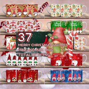 May include: Set of 37 Christmas gnome mug designs. The mugs are white with a variety of Christmas gnome designs, including red, green, and white. The mugs are 11 oz and 15 oz. The designs are perfect for sublimation.