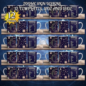 12 wzorów znaków zodiaku fakty żywieniowe, kubek zodiaku owijany wokół kubka projekt 11oz i 15oz, sublimacja PNG, wysokiej jakości PNG, natychmiastowe pobieranie