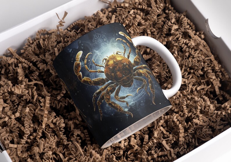 May include: A white ceramic mug with a black and gold design featuring a stylized crab with a celestial background. The mug has a handle on the right side.