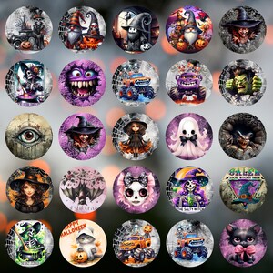 May include: A set of 25 round Halloween themed stickers featuring various spooky characters, including witches, skeletons, monsters, and ghosts. The stickers are decorated with spiderwebs and other Halloween elements.