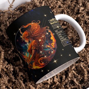 May include: A black and gold mug with a Sagittarius zodiac sign illustration and a list of Sagittarius personality traits. The mug has a white handle and a black background.