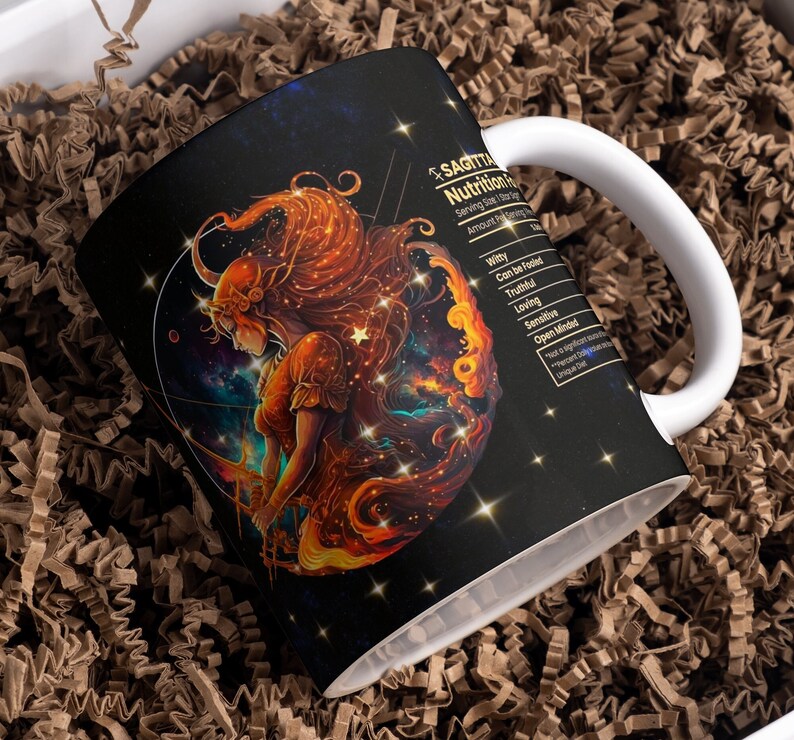 May include: A black and gold mug with a Sagittarius zodiac sign illustration and a list of Sagittarius personality traits. The mug has a white handle and a black background.