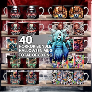 40 Horror Bundle Mug Wrap Around Digital Mug Design, 11oz & 15oz, Sublimation PNG, High-Quality, Killer Halloween Cup, Scary Halloween