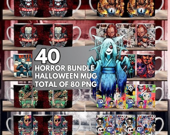 40 Horror Bundle Mug Wrap Around Digital Mug Design, 11oz & 15oz, Sublimation PNG, High-Quality, Killer Halloween Cup, Scary Halloween