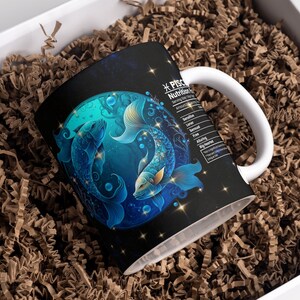 May include: A white ceramic mug with a black background and a blue and silver illustration of two fish. The text "*PISCES Nutrition Facts" is on the side of the mug.
