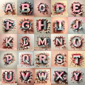 26 alfabeto, pared agrietada, pared rota, letras rosas de la A a la Z, letras individuales, PNG de sublimación, PNG de alta calidad, descarga instantánea