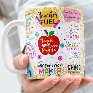 Teacher Love Inspire Cup Wrap Around Mug Template 11oz & 15oz, Teacher Appreciation Gift, Sublimation, High-Quality PNG, Instant Download