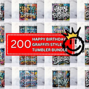 Puede incluir: Un conjunto de 200 diseños de sublimación para vasos con un texto de estilo graffiti "Feliz cumpleaños" en varios colores y patrones.