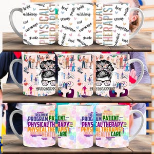 Könnte beinhalten: Satz von sechs weißen Keramikbechern mit verschiedenen Designs. Die Becher zeigen eine Vielzahl von Designs, darunter Wörter im Zusammenhang mit Physiotherapie, eine Frau mit Brille und einem Dutt sowie eine bunte Wortwolke. Die Becher sind perfekt für einen Physiotherapeuten oder jemanden, der Physiotherapie liebt.